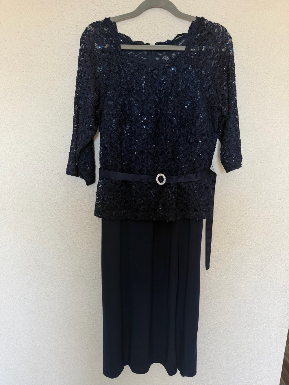 Macy's Navy Sequin Lace Long Sleeve Evening Dress with Belt